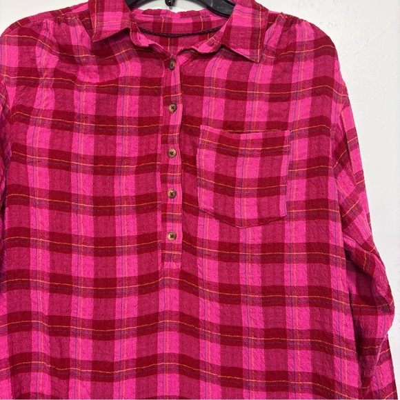 Anthropologie XS Women's Plaid Pink Red Flannel Gauze Shirt Button High Low - Picture 2 of 12